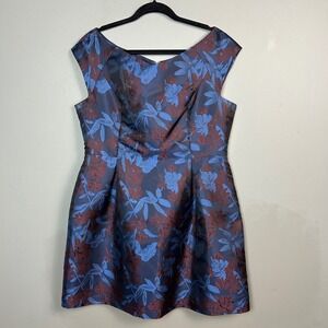 Tommy Hilfiger Floral Dress 14 Jacquard Fit Flare Blue Holiday Party Hawiian
